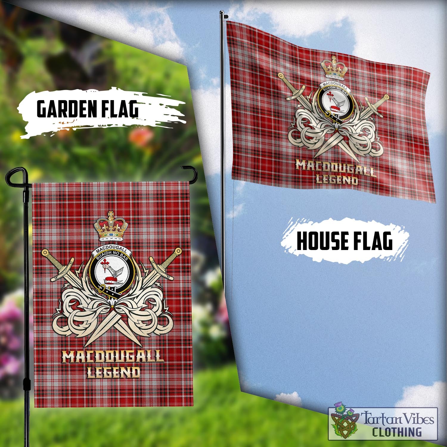 Tartan Vibes Clothing MacDougall Dress Tartan Flag with Clan Crest and the Golden Sword of Courageous Legacy