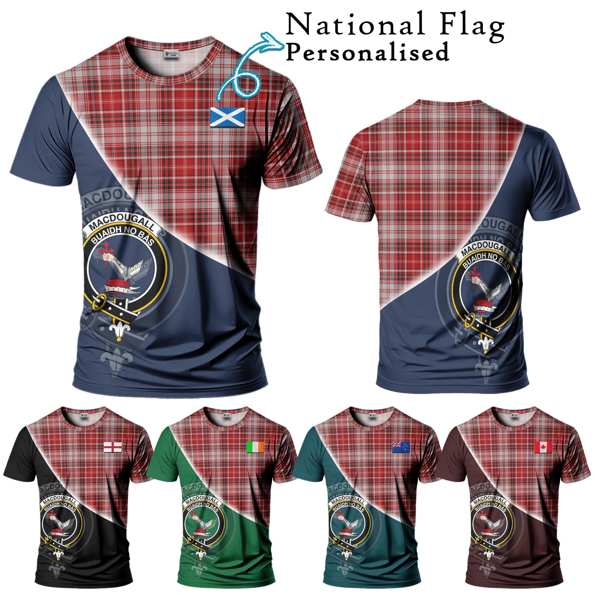 Tartan Vibes Clothing MacDougall Dress Tartan T-Shirt with Personalised National Flag and Family Crest Half Style