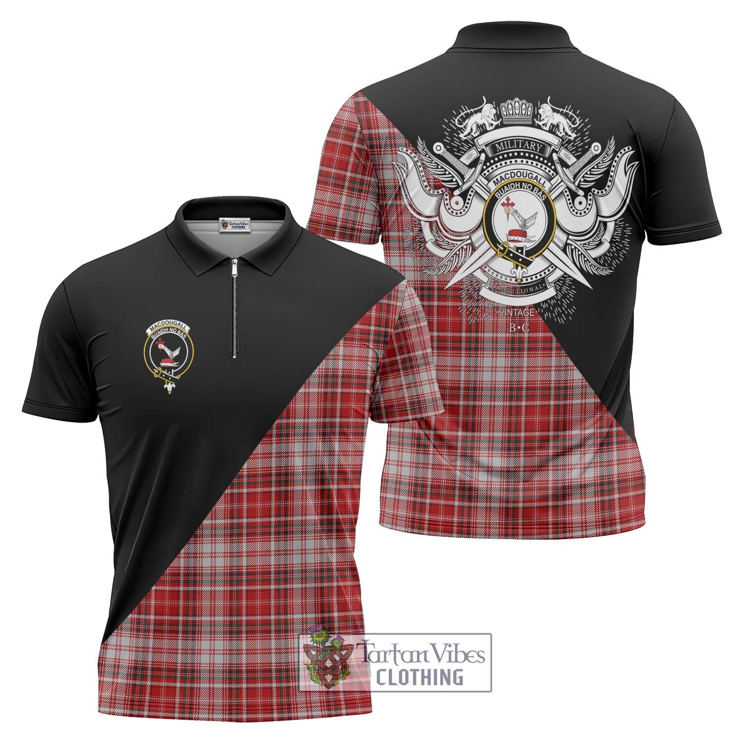 Tartan Vibes Clothing MacDougall Dress Tartan Zipper Polo Shirt with Family Crest and Military Logo Style