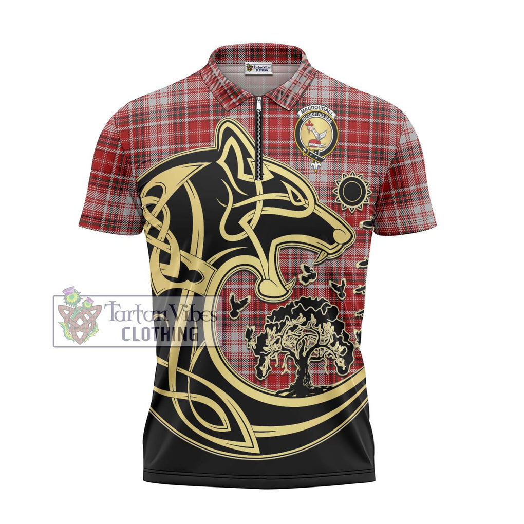 MacDougall Dress Tartan Zipper Polo Shirt with Family Crest Celtic Wolf Style - Tartanvibesclothing Shop