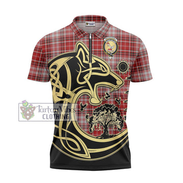 MacDougall Dress Tartan Zipper Polo Shirt with Family Crest Celtic Wolf Style