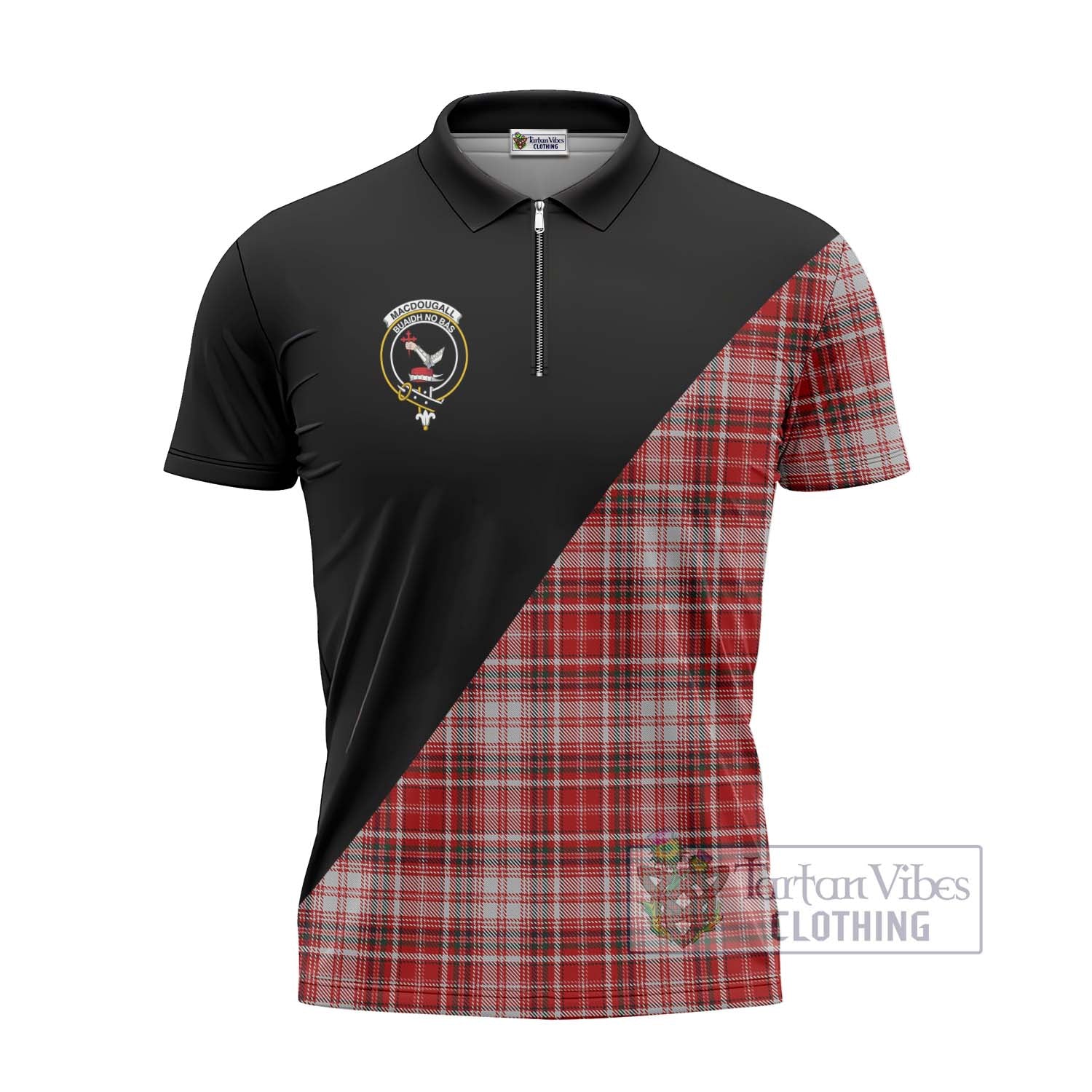 Tartan Vibes Clothing MacDougall Dress Tartan Zipper Polo Shirt with Family Crest and Military Logo Style