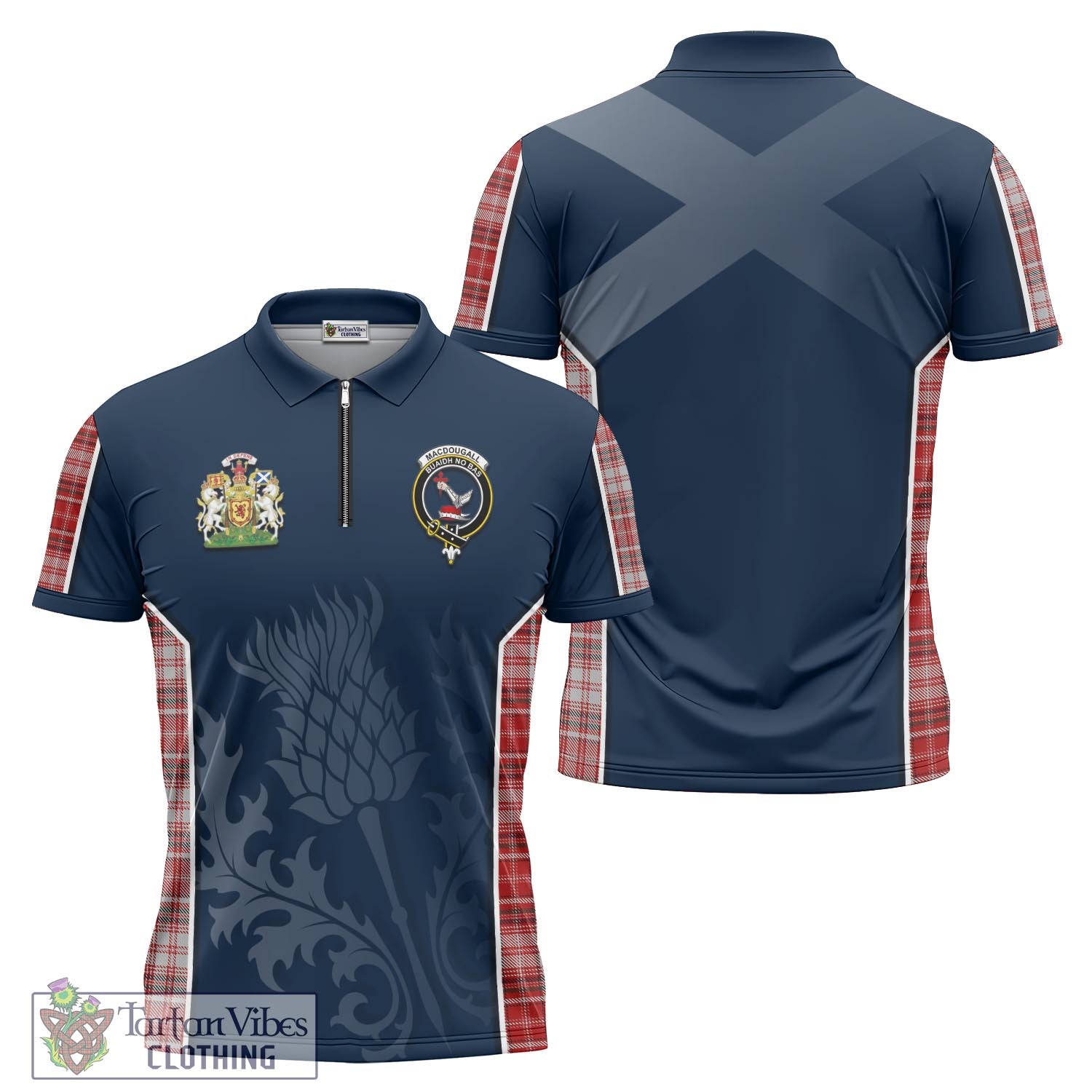 Tartan Vibes Clothing MacDougall Dress Tartan Zipper Polo Shirt with Family Crest and Scottish Thistle Vibes Sport Style