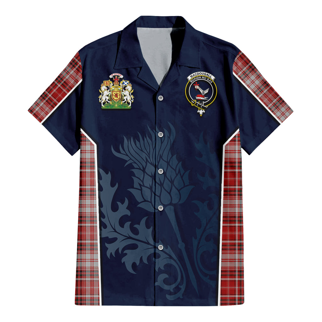 Tartan Vibes Clothing MacDougall Dress Tartan Short Sleeve Button Up Shirt with Family Crest and Scottish Thistle Vibes Sport Style