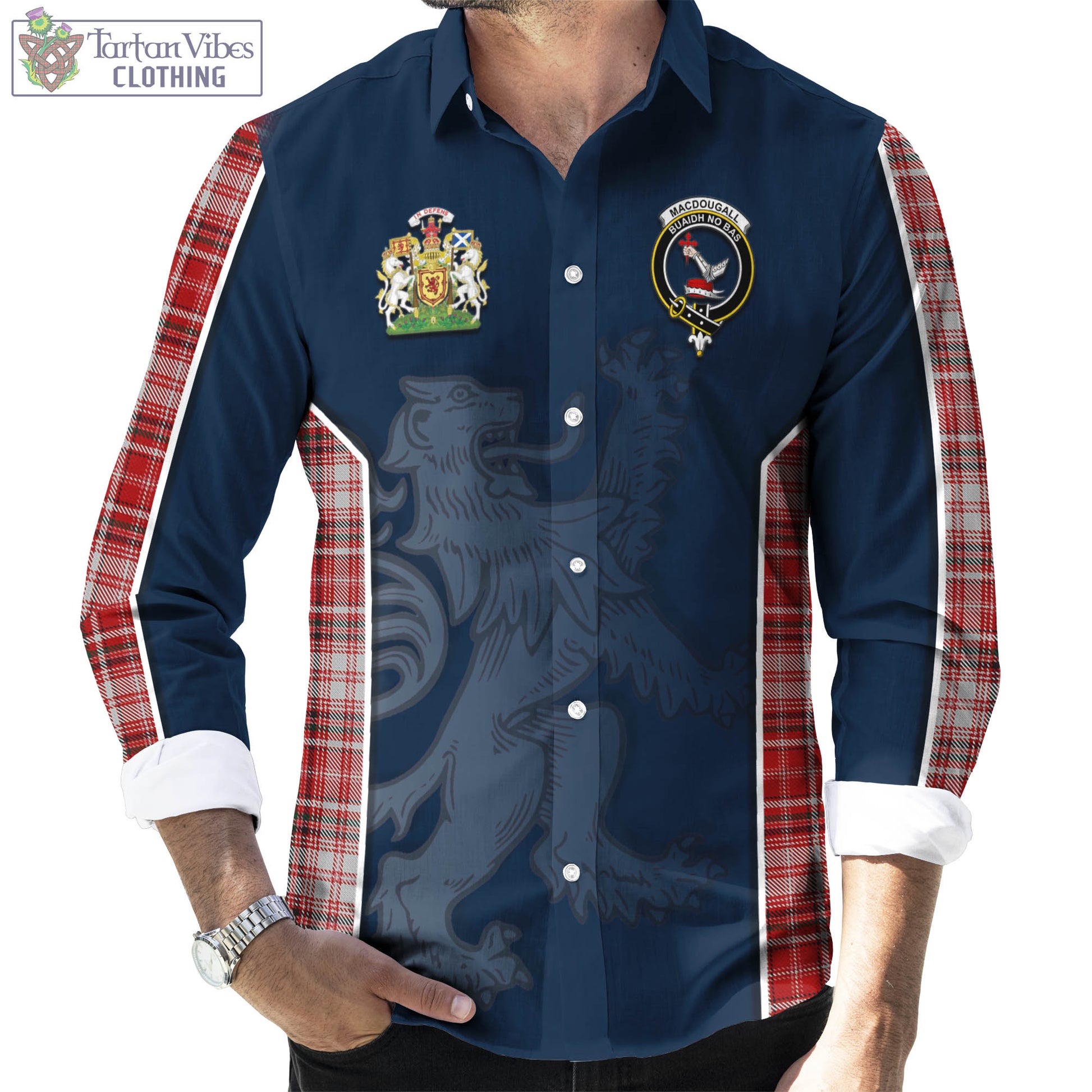 Tartan Vibes Clothing MacDougall Dress Tartan Long Sleeve Button Up Shirt with Family Crest and Lion Rampant Vibes Sport Style