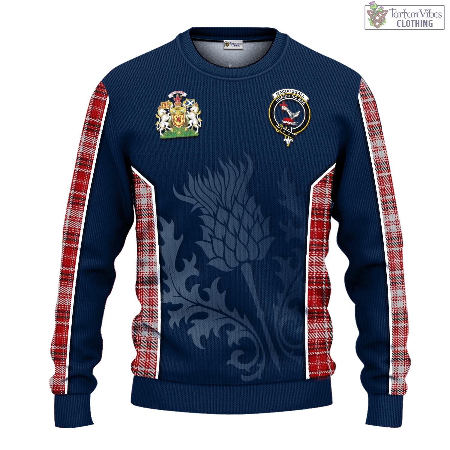 Tartan Vibes Clothing MacDougall Dress Tartan Knitted Sweatshirt with Family Crest and Scottish Thistle Vibes Sport Style