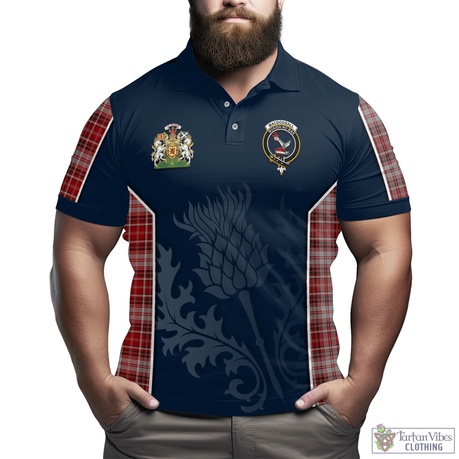 Tartan Vibes Clothing MacDougall Dress Tartan Men's Polo Shirt with Family Crest and Scottish Thistle Vibes Sport Style