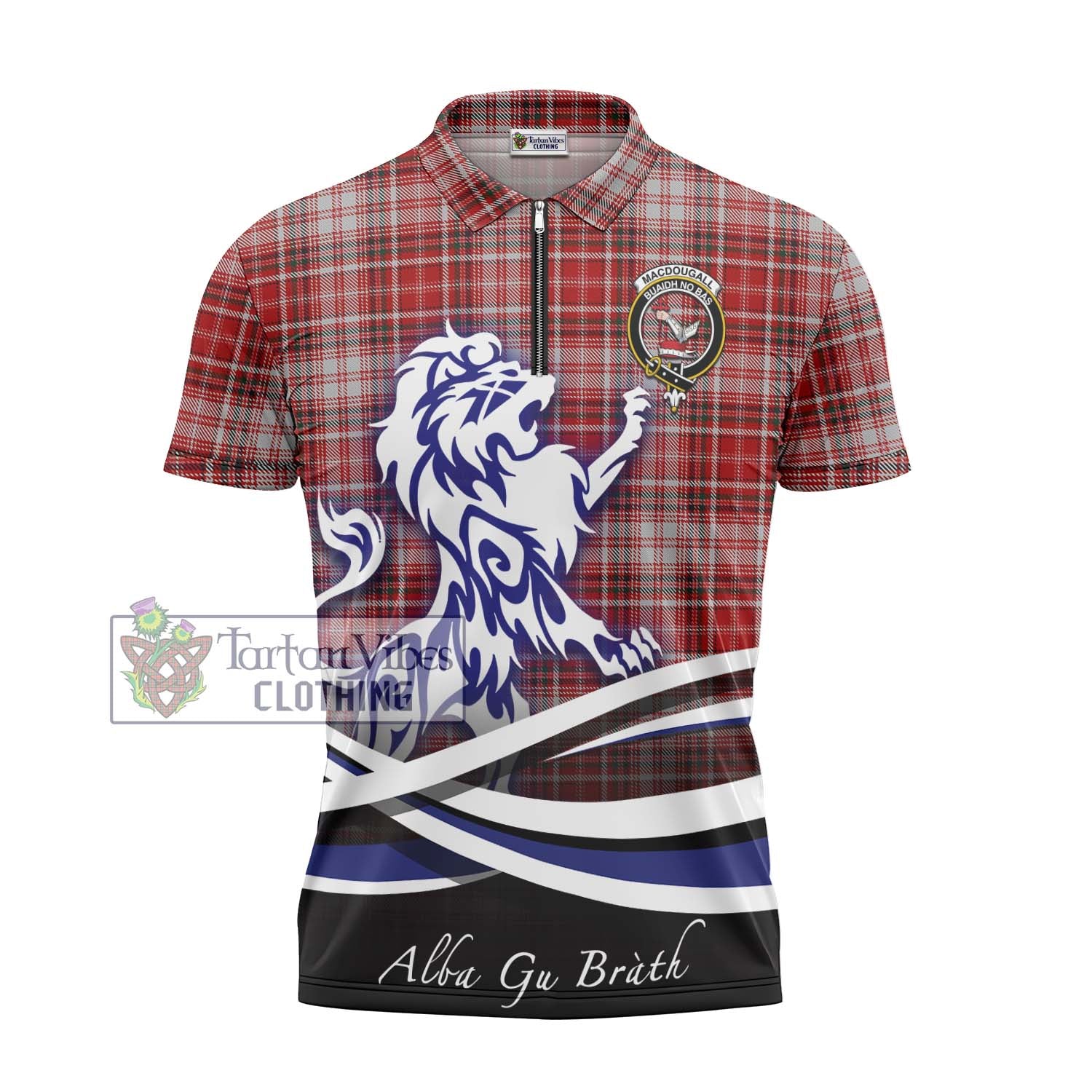 Tartan Vibes Clothing MacDougall Dress Tartan Zipper Polo Shirt with Alba Gu Brath Regal Lion Emblem