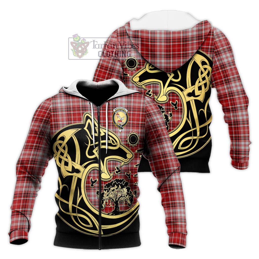 Tartan Vibes Clothing MacDougall Dress Tartan Knitted Hoodie with Family Crest Celtic Wolf Style