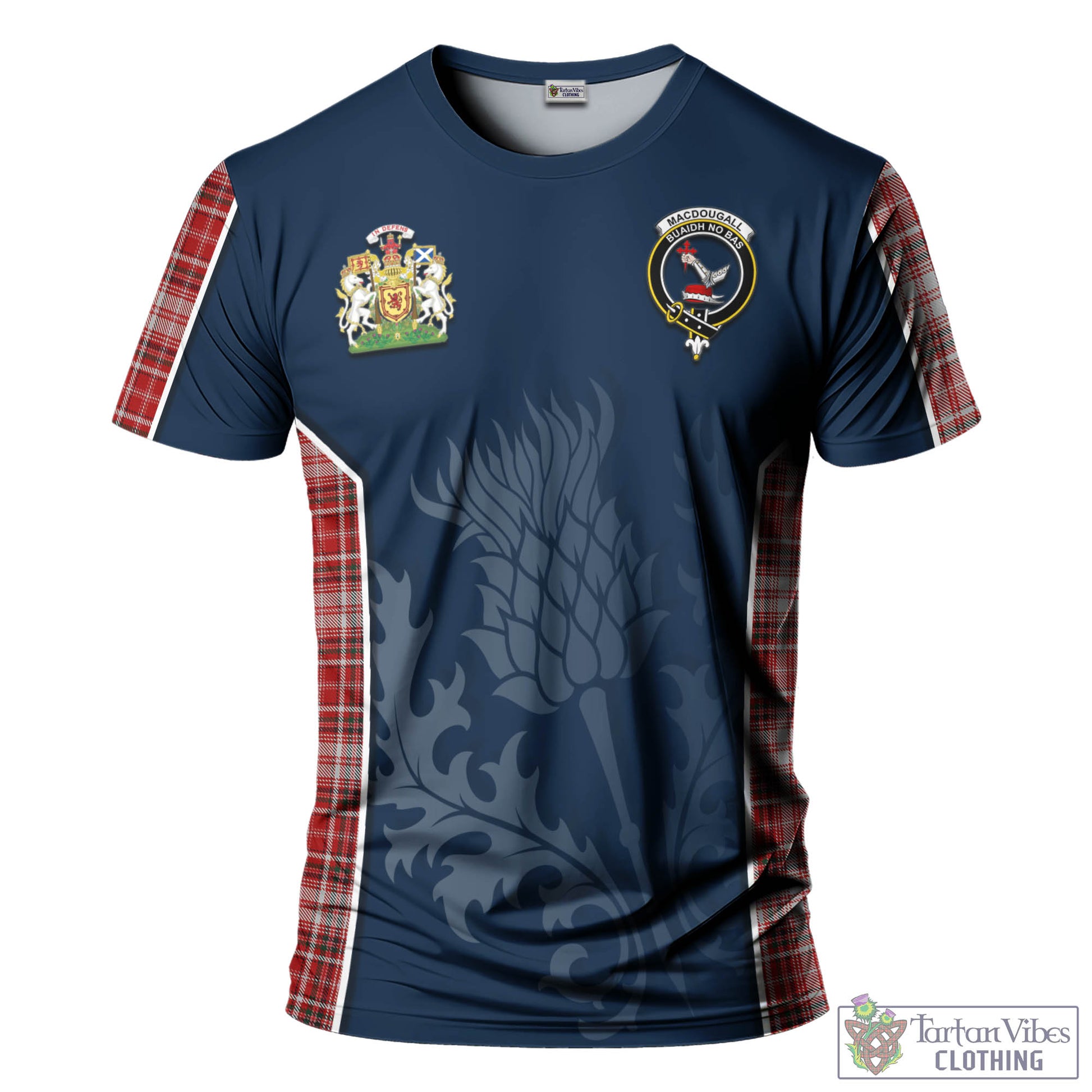 Tartan Vibes Clothing MacDougall Dress Tartan T-Shirt with Family Crest and Scottish Thistle Vibes Sport Style