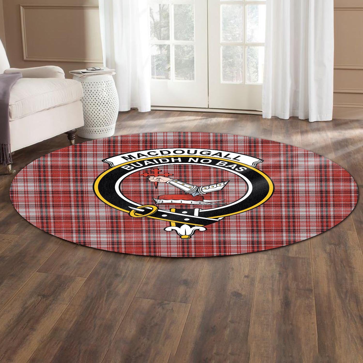 macdougall-dress-tartan-round-rug-with-family-crest