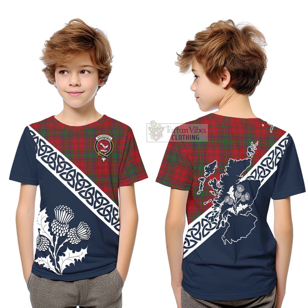 Tartan Vibes Clothing MacDougall (McDougall) Tartan Kid T-Shirt Featuring Thistle and Scotland Map