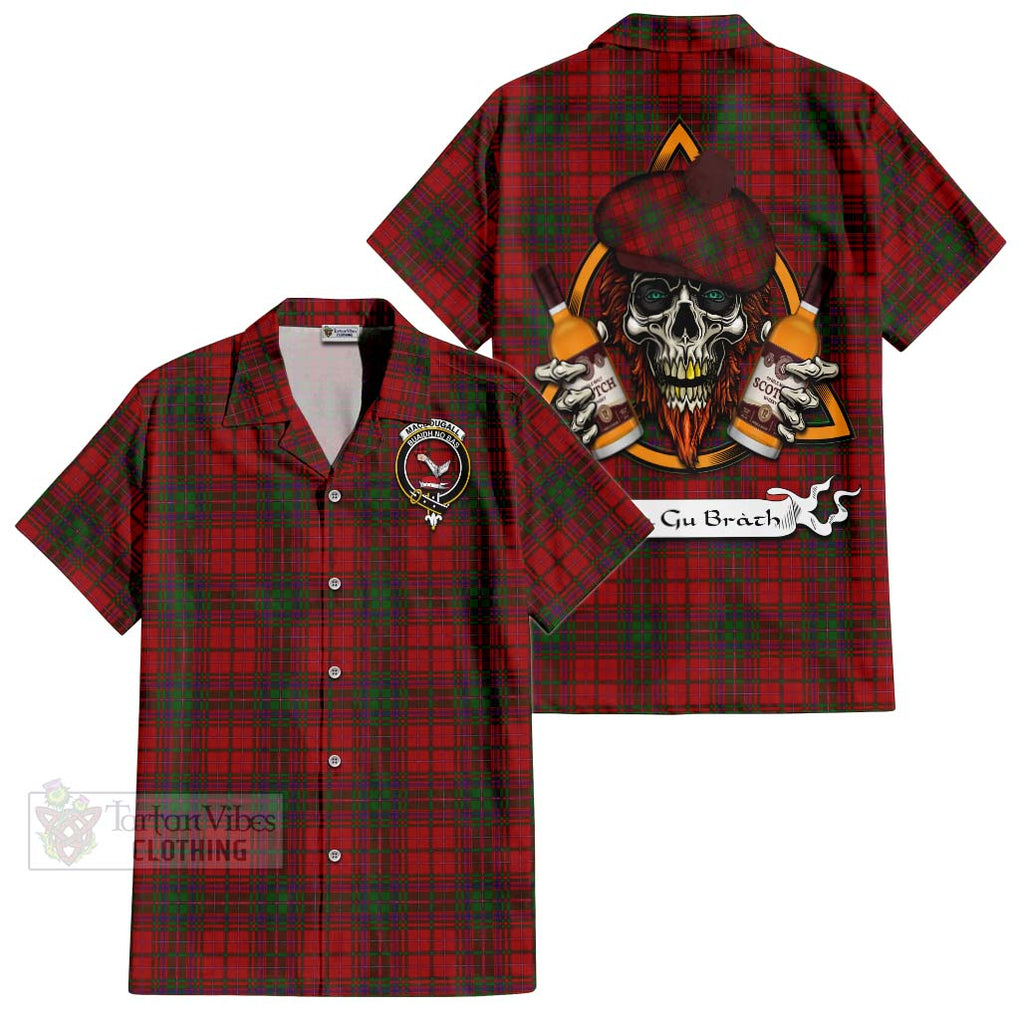 Tartan Vibes Clothing MacDougall (McDougall) Tartan Short Sleeve Button Shirt with Family Crest and Bearded Skull Holding Bottles of Whiskey