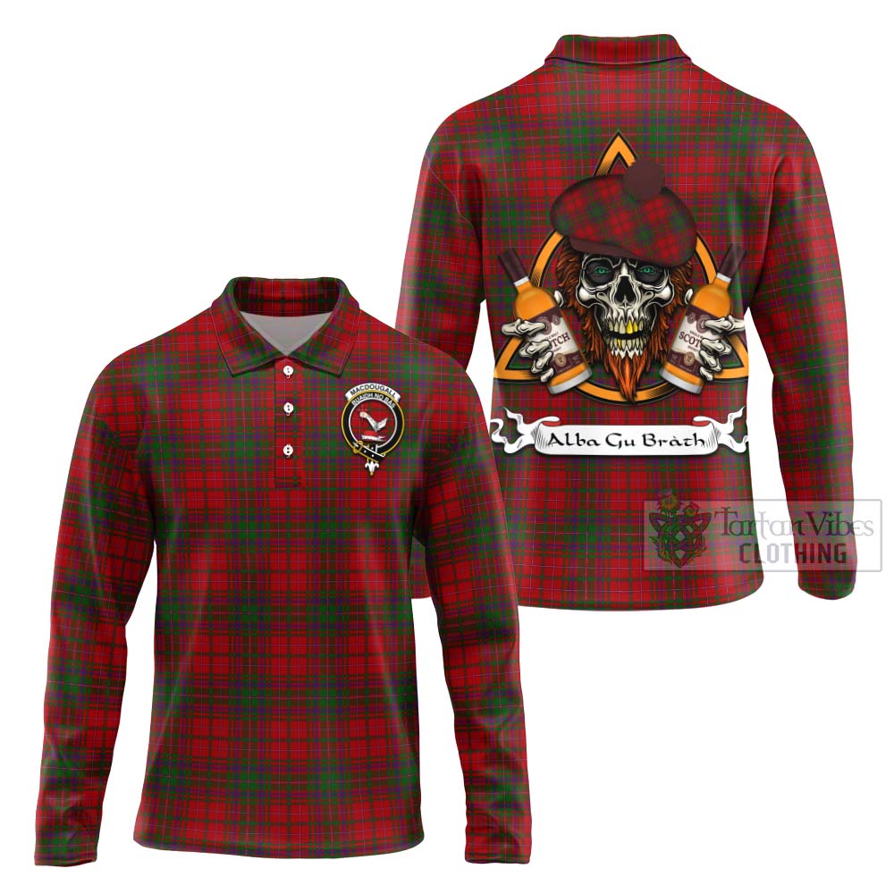 Tartan Vibes Clothing MacDougall (McDougall) Tartan Long Sleeve Polo Shirt with Family Crest and Bearded Skull Holding Bottles of Whiskey