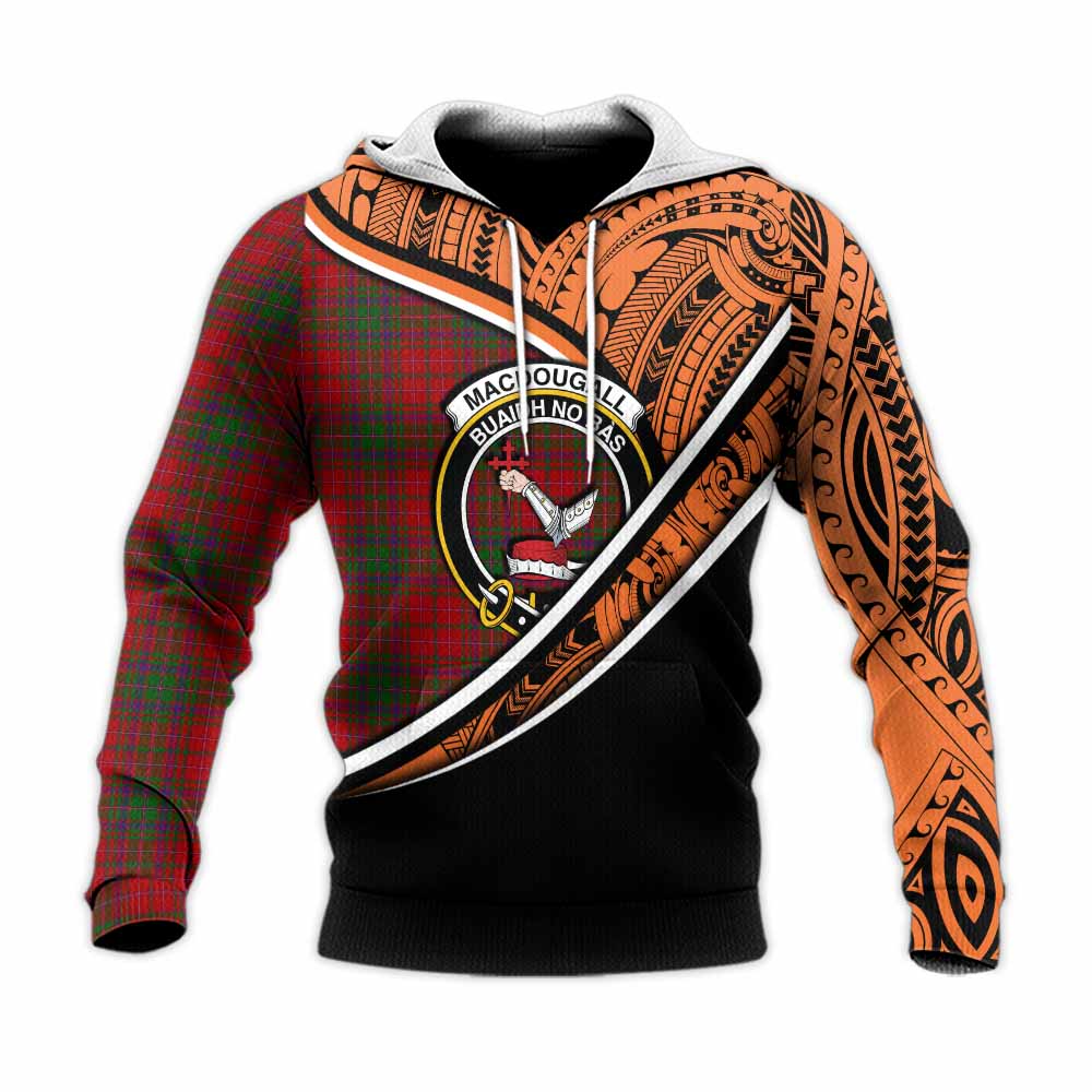 Tartan Vibes Clothing MacDougall (McDougall) Crest Tartan Knitted Hoodie with Maori Tattoo Style - Orange Version