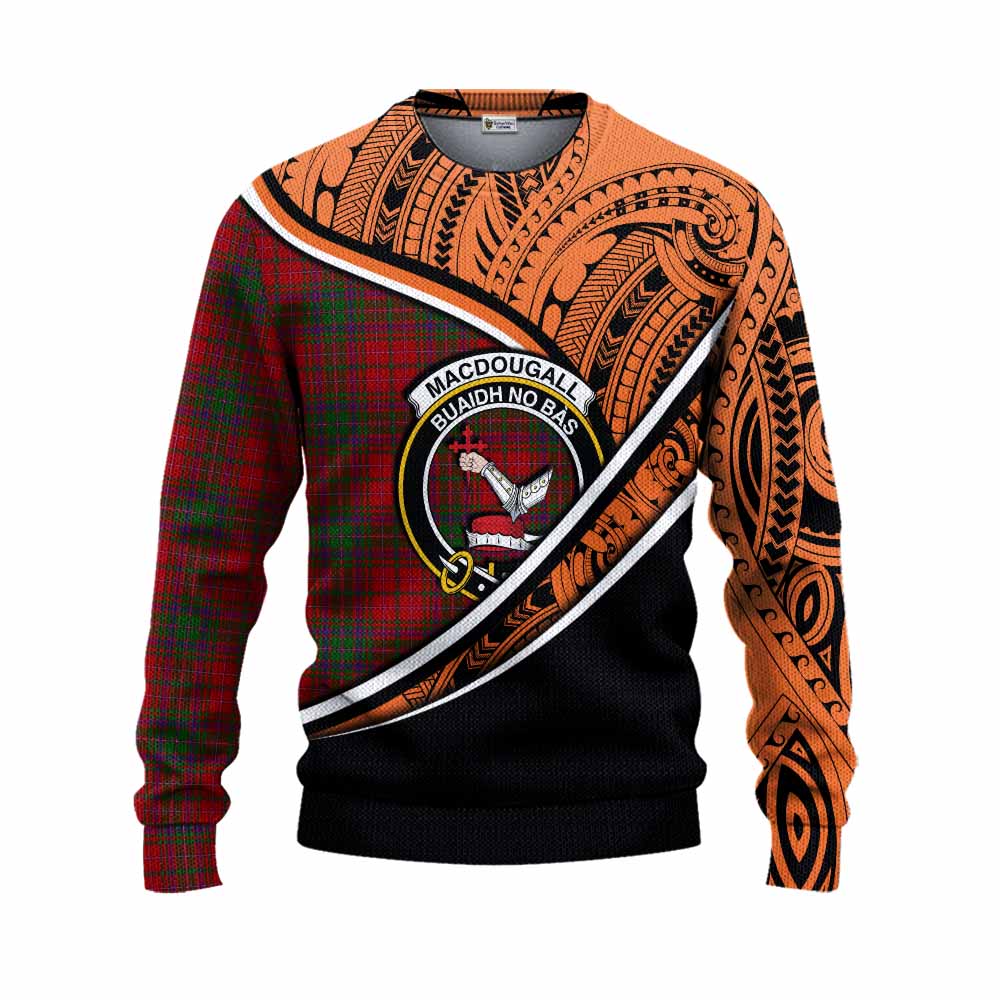 Tartan Vibes Clothing MacDougall (McDougall) Crest Tartan Knitted Sweater with Maori Tattoo Style - Orange Version