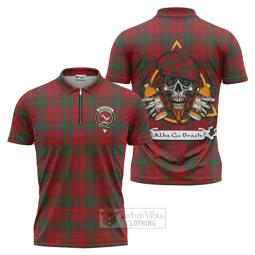 Tartan Vibes Clothing MacDougall (McDougall) Tartan Zipper Polo Shirt with Family Crest and Bearded Skull Holding Bottles of Whiskey