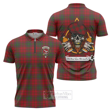 MacDougall (McDougall) Tartan Zipper Polo Shirt with Family Crest and Bearded Skull Holding Bottles of Whiskey