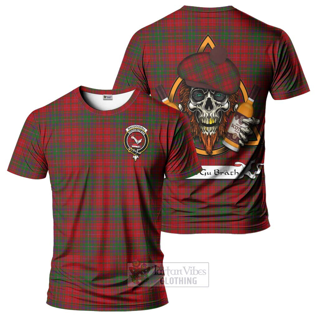 Tartan Vibes Clothing MacDougall (McDougall) Tartan T-Shirt with Family Crest and Bearded Skull Holding Bottles of Whiskey