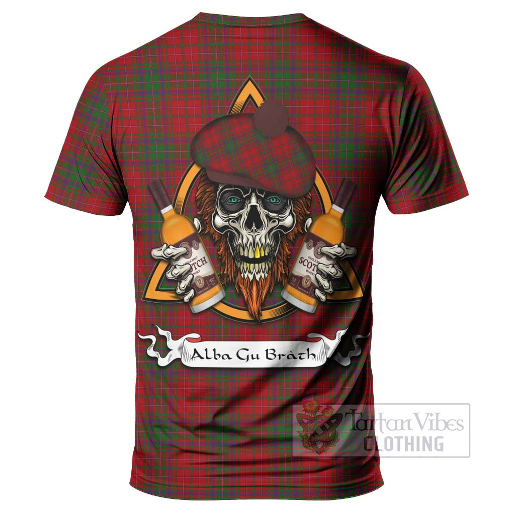 Tartan Vibes Clothing MacDougall (McDougall) Tartan T-Shirt with Family Crest and Bearded Skull Holding Bottles of Whiskey