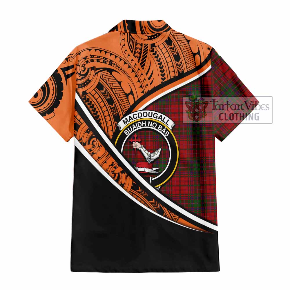 Tartan Vibes Clothing MacDougall (McDougall) Crest Tartan Short Sleeve Button Shirt with Maori Tattoo Style - Orange Version