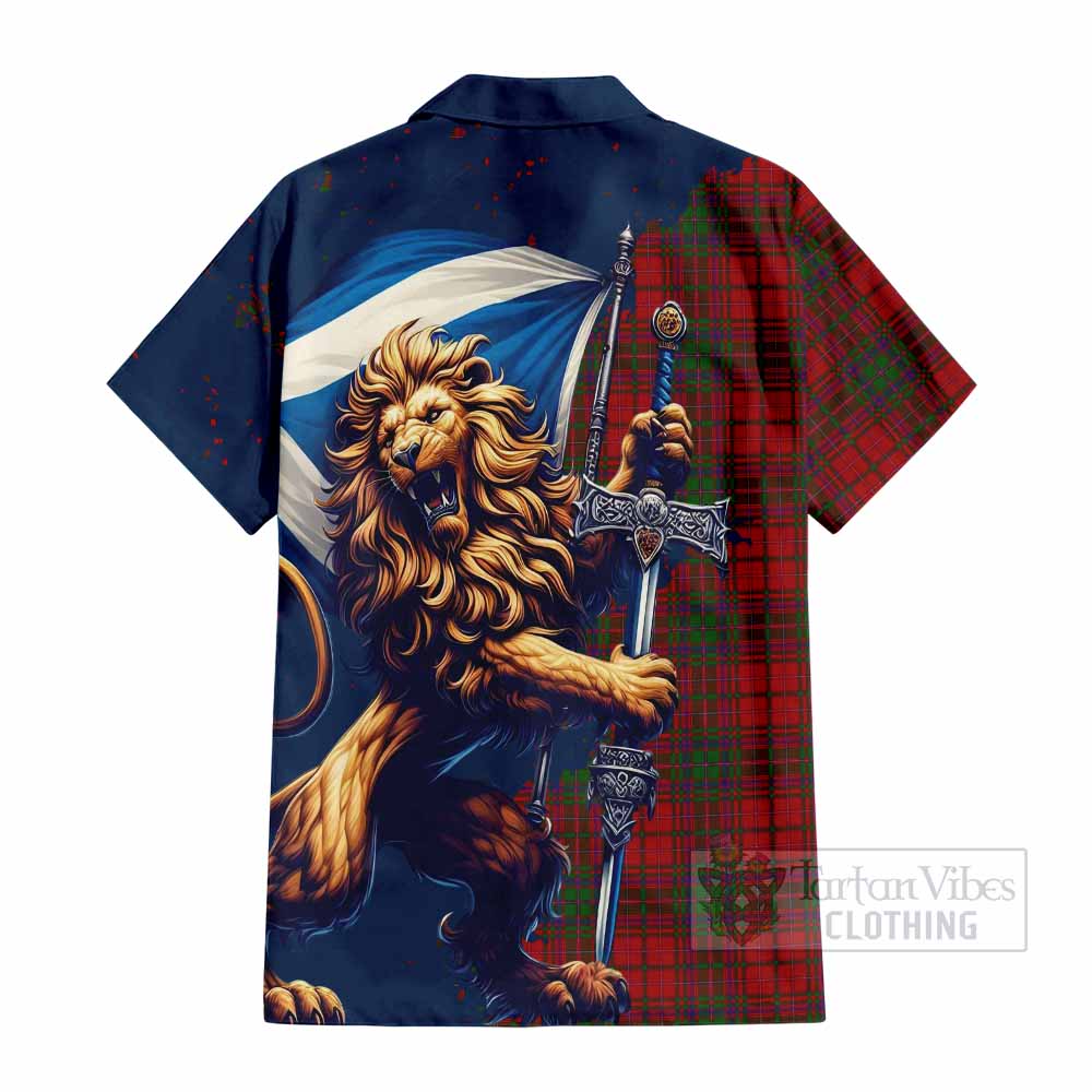 Tartan Vibes Clothing MacDougall (McDougall) Tartan Family Crest Short Sleeve Button Shirt with Scottish Majestic Lion