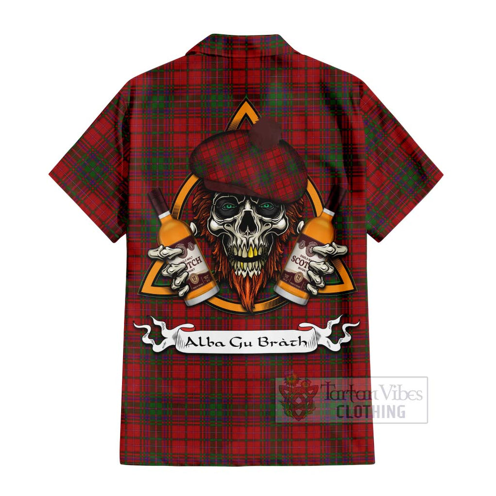 Tartan Vibes Clothing MacDougall (McDougall) Tartan Short Sleeve Button Shirt with Family Crest and Bearded Skull Holding Bottles of Whiskey