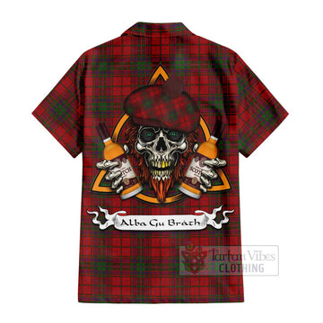 MacDougall (McDougall) Tartan Short Sleeve Button Shirt with Family Crest and Bearded Skull Holding Bottles of Whiskey