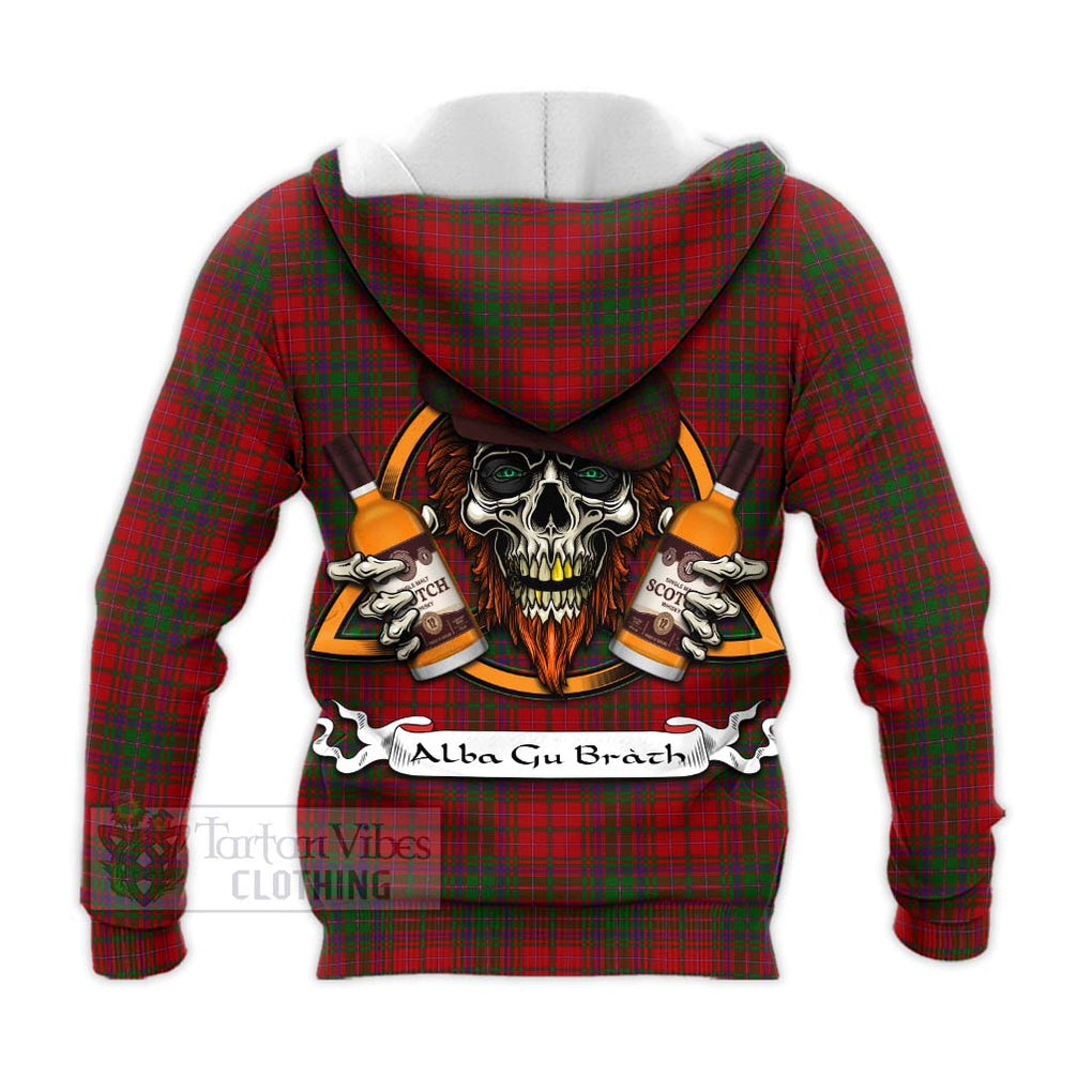 Tartan Vibes Clothing MacDougall (McDougall) Tartan Knitted Hoodie with Family Crest and Bearded Skull Holding Bottles of Whiskey