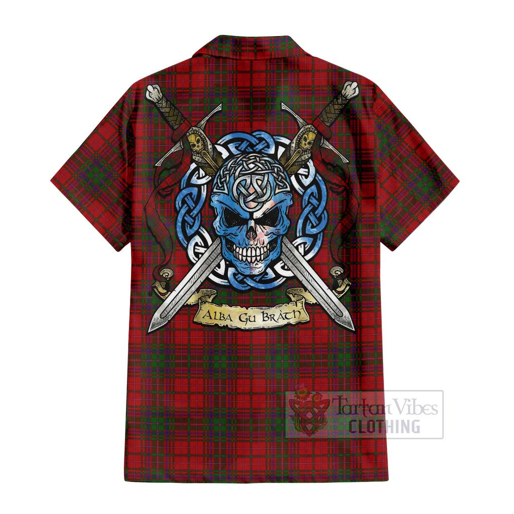 Tartan Vibes Clothing MacDougall (McDougall) Tartan Short Sleeve Button Shirt with Family Crest Celtic Skull Style