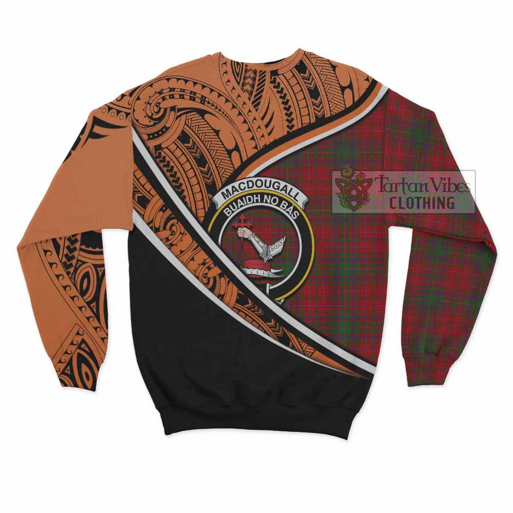 Tartan Vibes Clothing MacDougall (McDougall) Crest Tartan Sweatshirt with Maori Tattoo Style - Orange Version