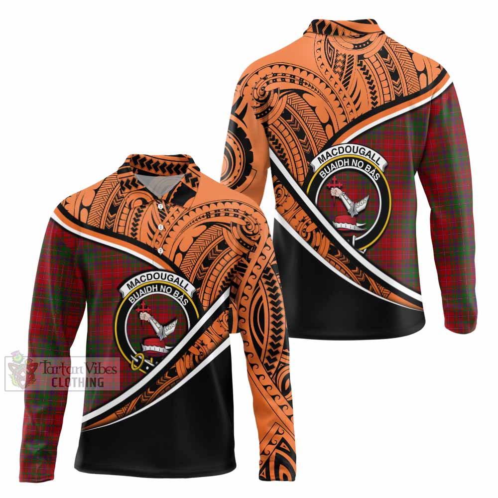 Tartan Vibes Clothing MacDougall (McDougall) Crest Tartan Long Sleeve Polo Shirt with Maori Tattoo Style - Orange Version