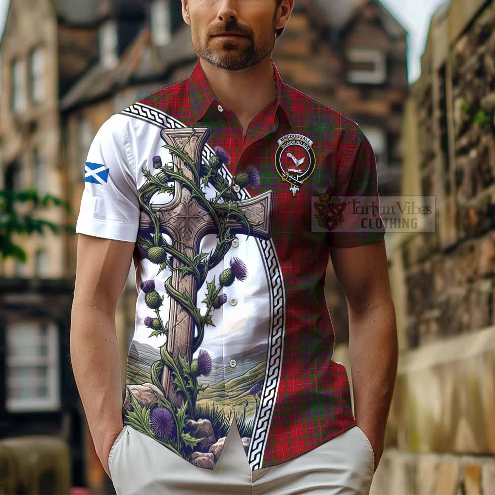 Tartan Vibes Clothing MacDougall (McDougall) Tartan Short Sleeve Button Shirt with Family Crest and St. Andrew's Cross Accented by Thistle Vines