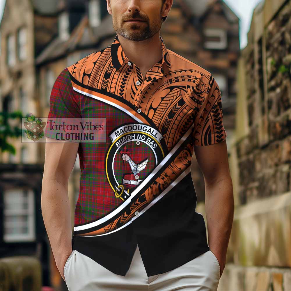 Tartan Vibes Clothing MacDougall (McDougall) Crest Tartan Short Sleeve Button Shirt with Maori Tattoo Style - Orange Version