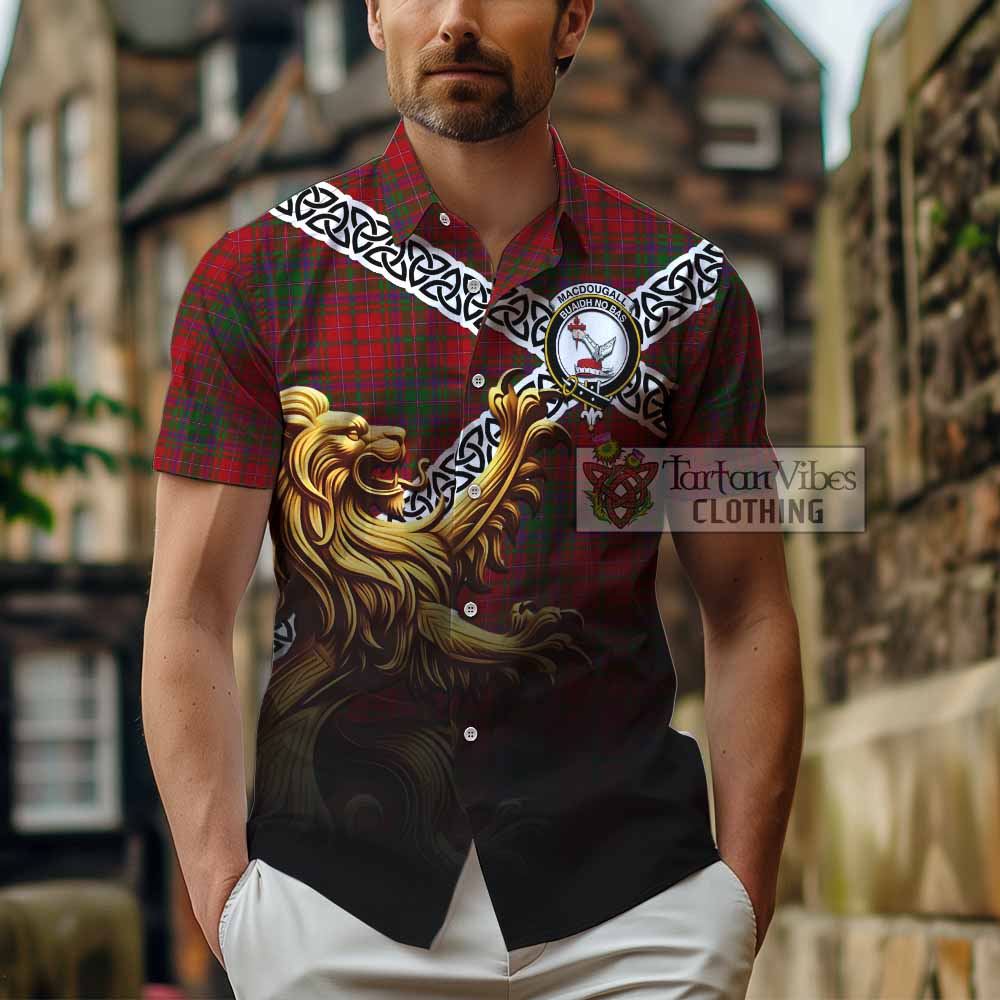 MacDougall (McDougall) Crest Tartan Hawaiian Shirt with Golden Lion Emblem Celtic Style - Tartan Vibes Clothing