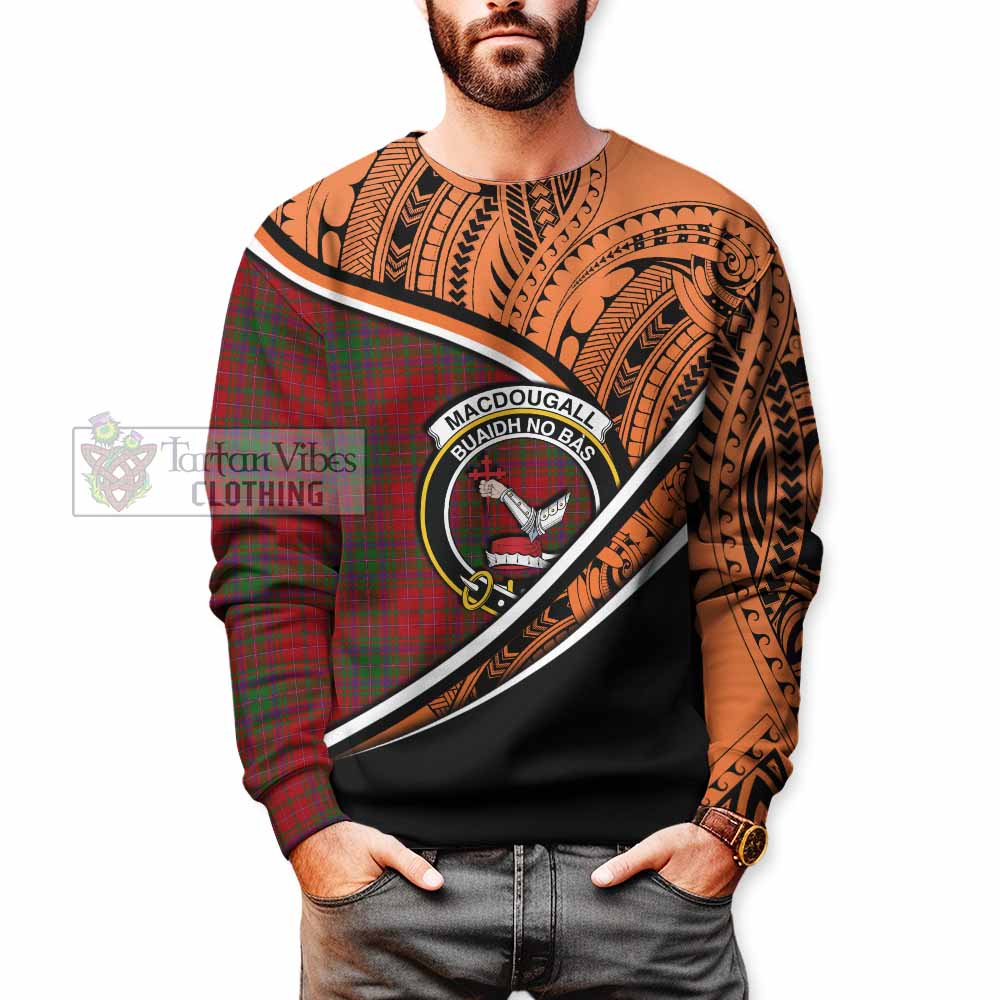 Tartan Vibes Clothing MacDougall (McDougall) Crest Tartan Sweatshirt with Maori Tattoo Style - Orange Version