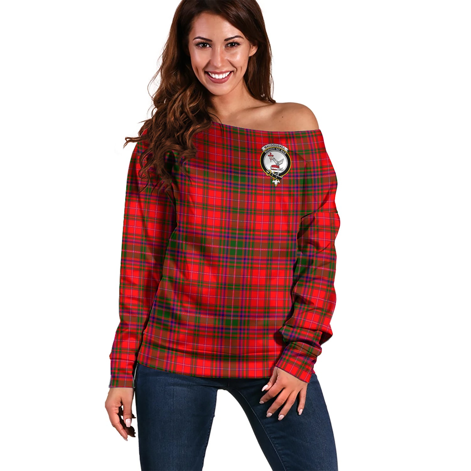 MacDougall Modern Tartan Off Shoulder Women Sweater with Family Crest Women - Tartanvibesclothing