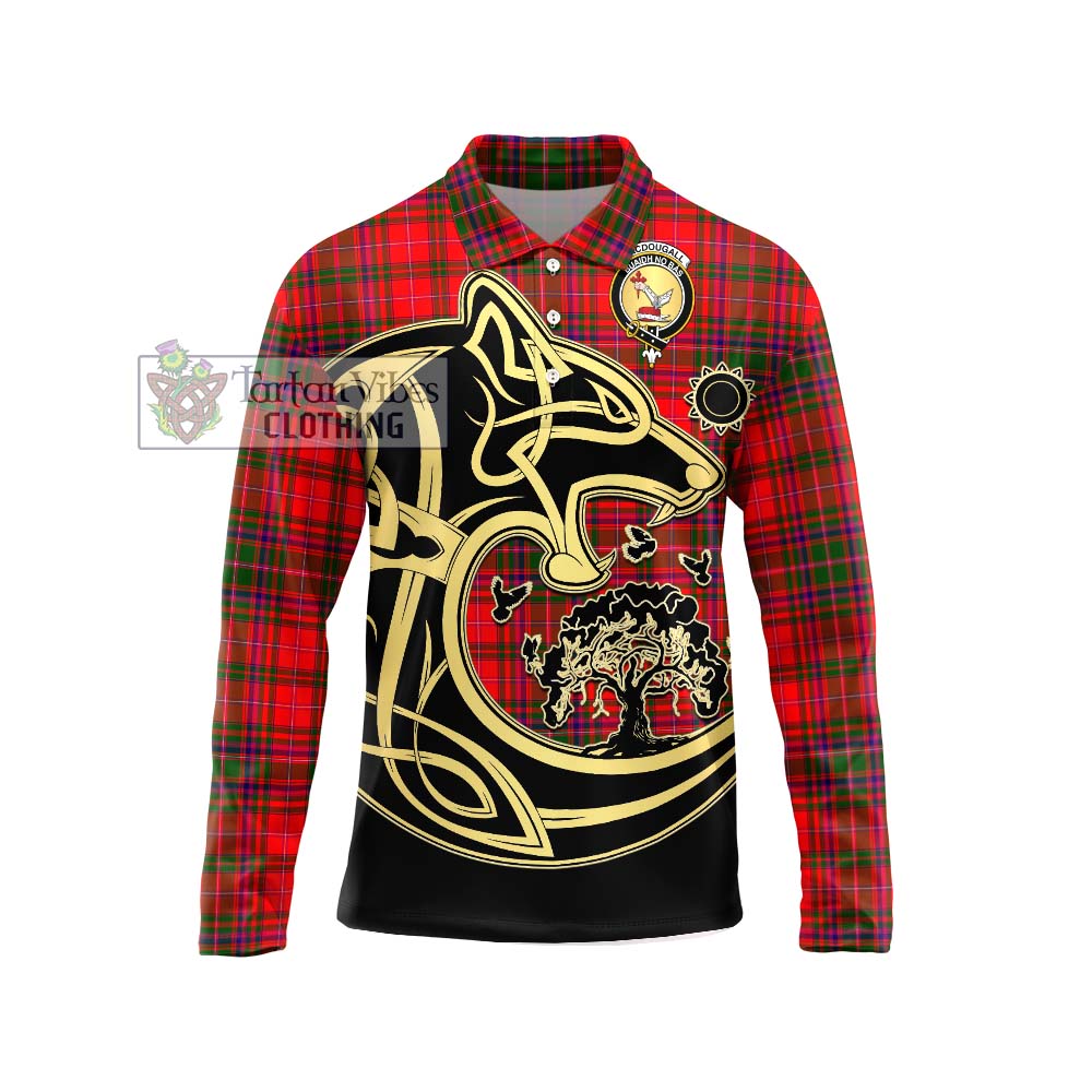 MacDougall Modern Tartan Long Sleeve Polo Shirt with Family Crest Celtic Wolf Style Unisex - Tartanvibesclothing Shop