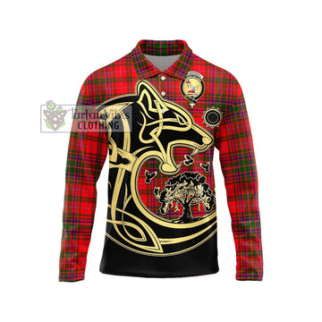 MacDougall Modern Tartan Long Sleeve Polo Shirt with Family Crest Celtic Wolf Style