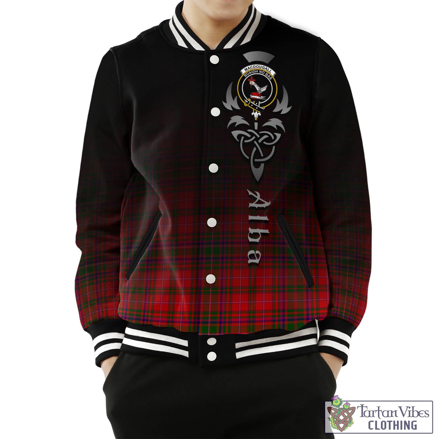 Tartan Vibes Clothing MacDougall Modern Tartan Baseball Jacket Featuring Alba Gu Brath Family Crest Celtic Inspired