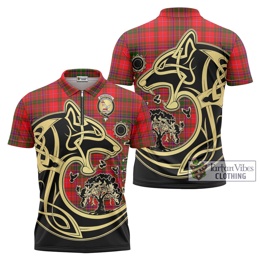 MacDougall Modern Tartan Zipper Polo Shirt with Family Crest Celtic Wolf Style Unisex - Tartanvibesclothing Shop