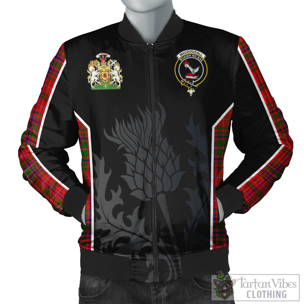 Tartan Vibes Clothing MacDougall Modern Tartan Bomber Jacket with Family Crest and Scottish Thistle Vibes Sport Style