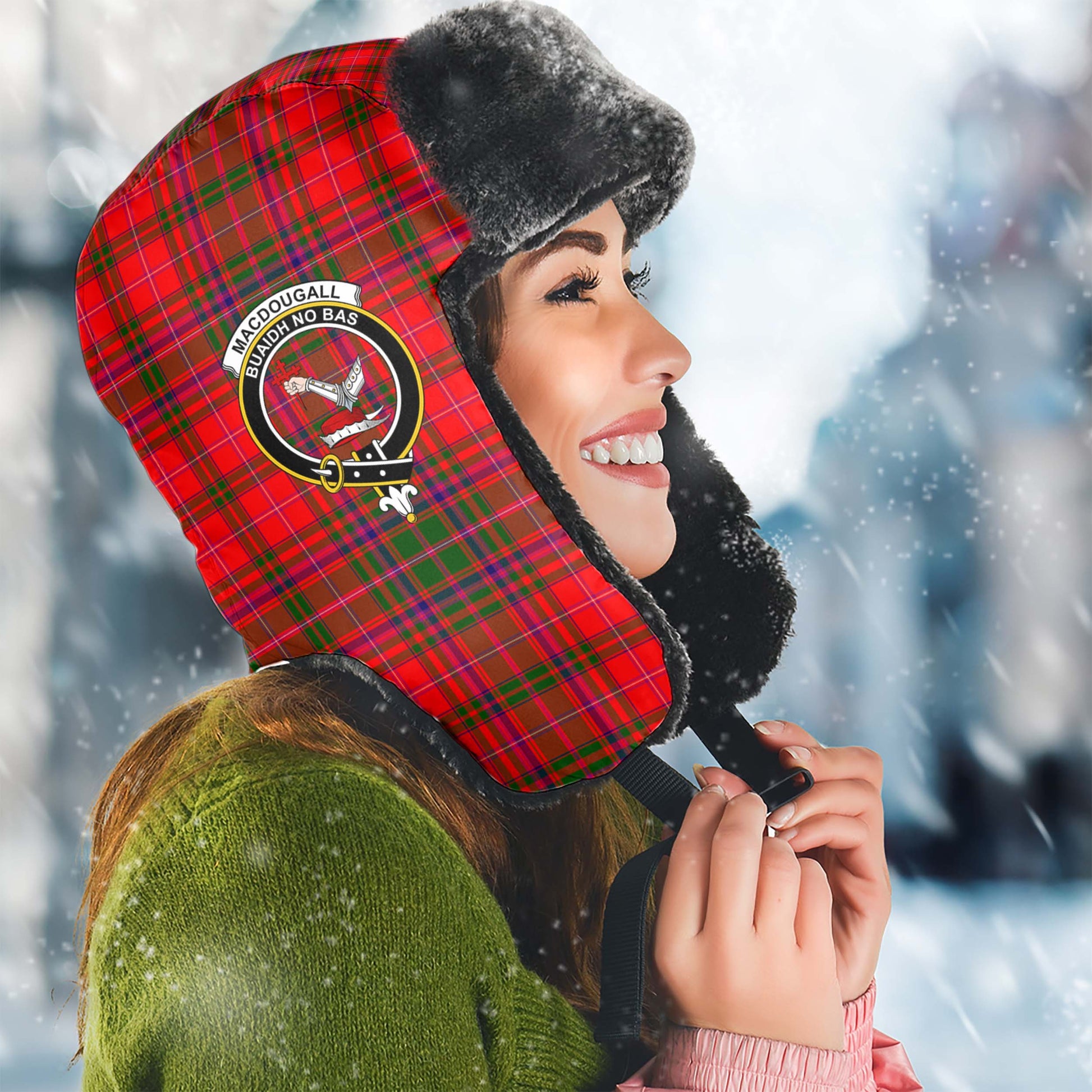 MacDougall Modern Tartan Winter Trapper Hat with Family Crest Winter Trapper Hat Universal Fit Circumference 22.8in (58cm) - Tartanvibesclothing