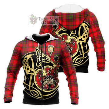 MacDougall Modern Tartan Knitted Hoodie with Family Crest Celtic Wolf Style