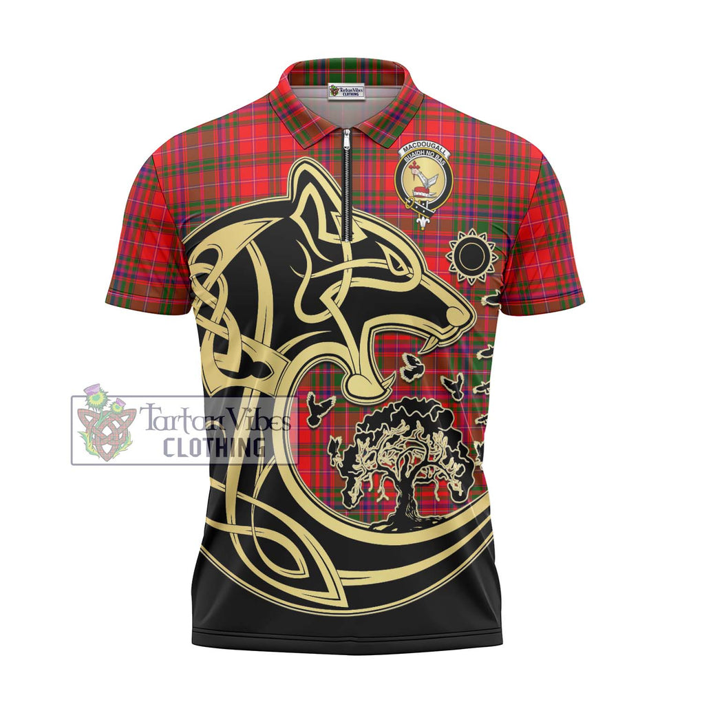 MacDougall Modern Tartan Zipper Polo Shirt with Family Crest Celtic Wolf Style - Tartanvibesclothing Shop