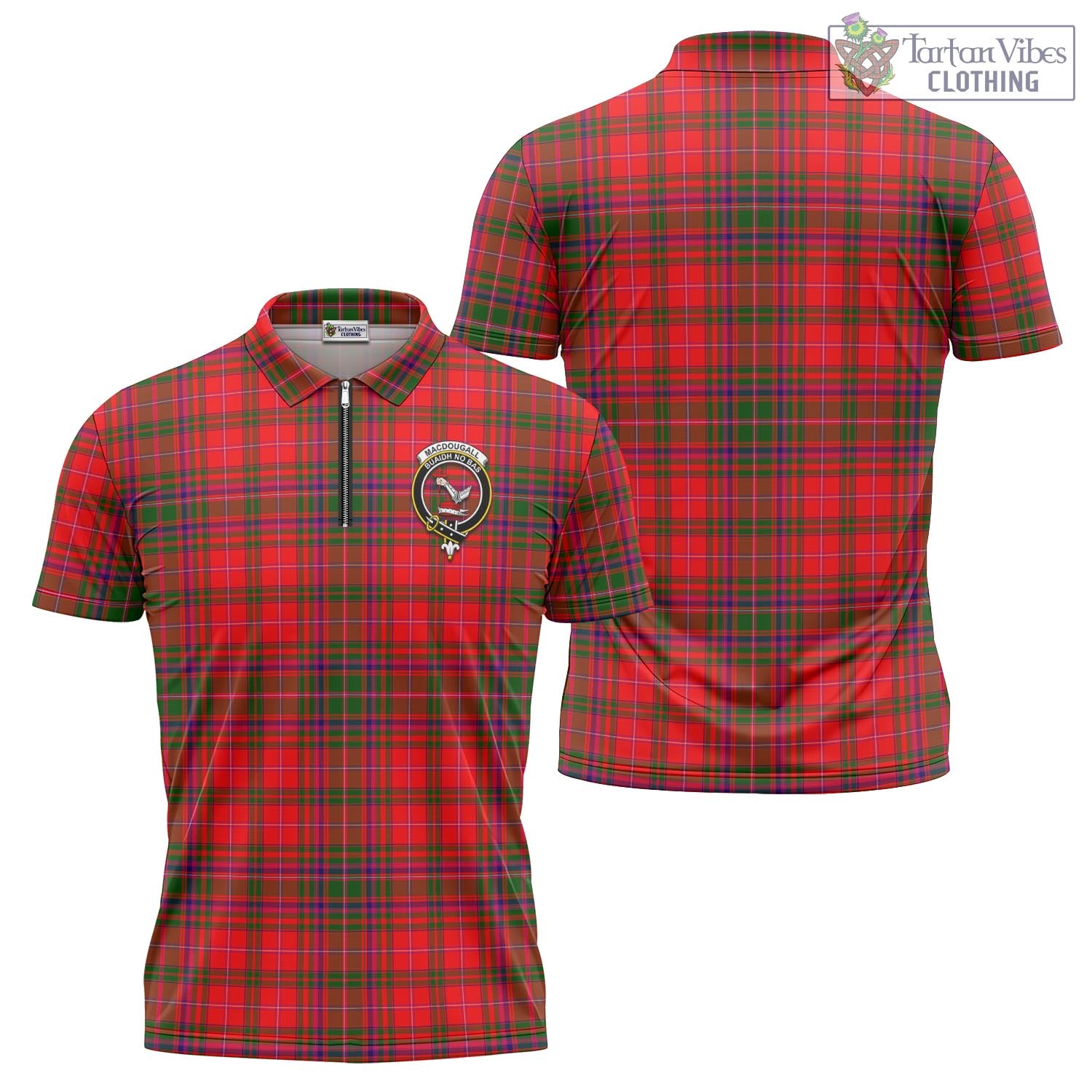 Tartan Vibes Clothing MacDougall Modern Tartan Zipper Polo Shirt with Family Crest