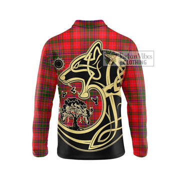 MacDougall Modern Tartan Long Sleeve Polo Shirt with Family Crest Celtic Wolf Style