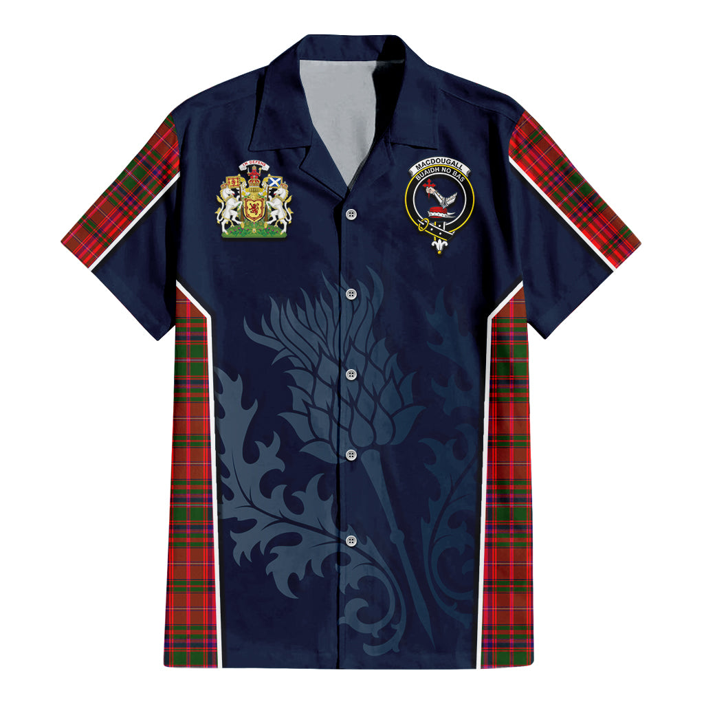 Tartan Vibes Clothing MacDougall Modern Tartan Short Sleeve Button Up Shirt with Family Crest and Scottish Thistle Vibes Sport Style