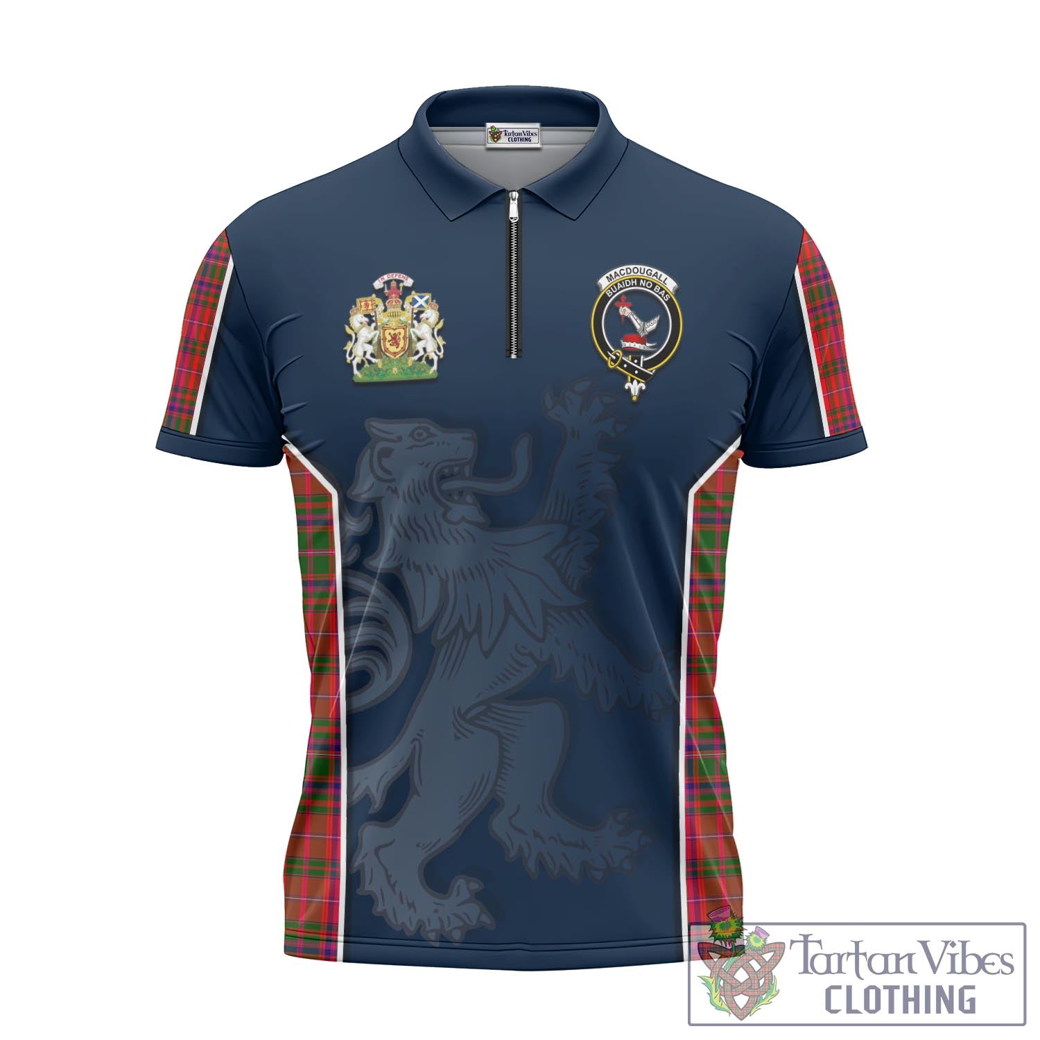 Tartan Vibes Clothing MacDougall Modern Tartan Zipper Polo Shirt with Family Crest and Lion Rampant Vibes Sport Style