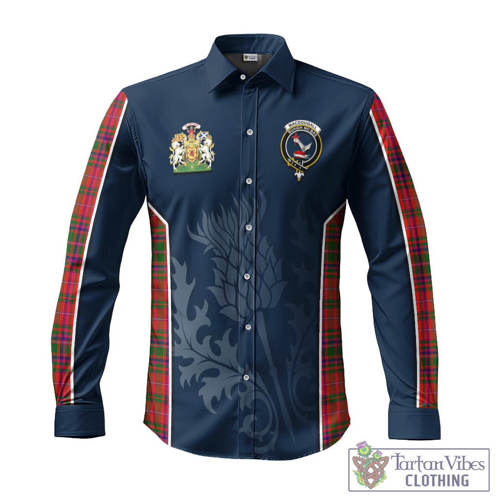 Tartan Vibes Clothing MacDougall Modern Tartan Long Sleeve Button Up Shirt with Family Crest and Scottish Thistle Vibes Sport Style